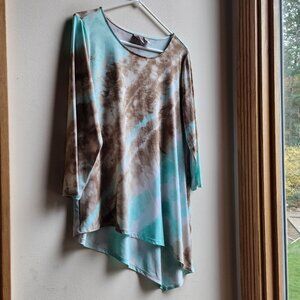 Chico's Blue/Brown Marbled Angled Scoop Neck Blouse Size 1 (8/10 - Medium)